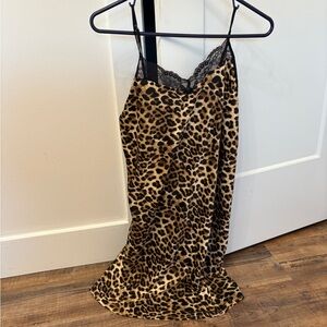 Leopard Print Slip Dress with Lace Trim